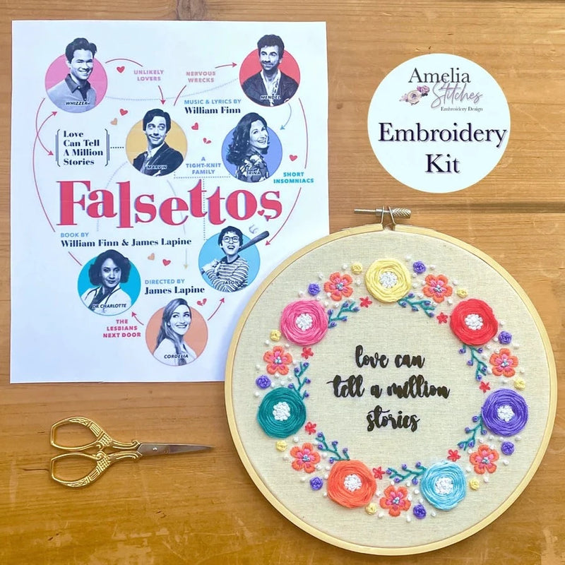 Falsettos Inspired Embroidery Kit - "Love can tell a million stories" by Amelia Stitches