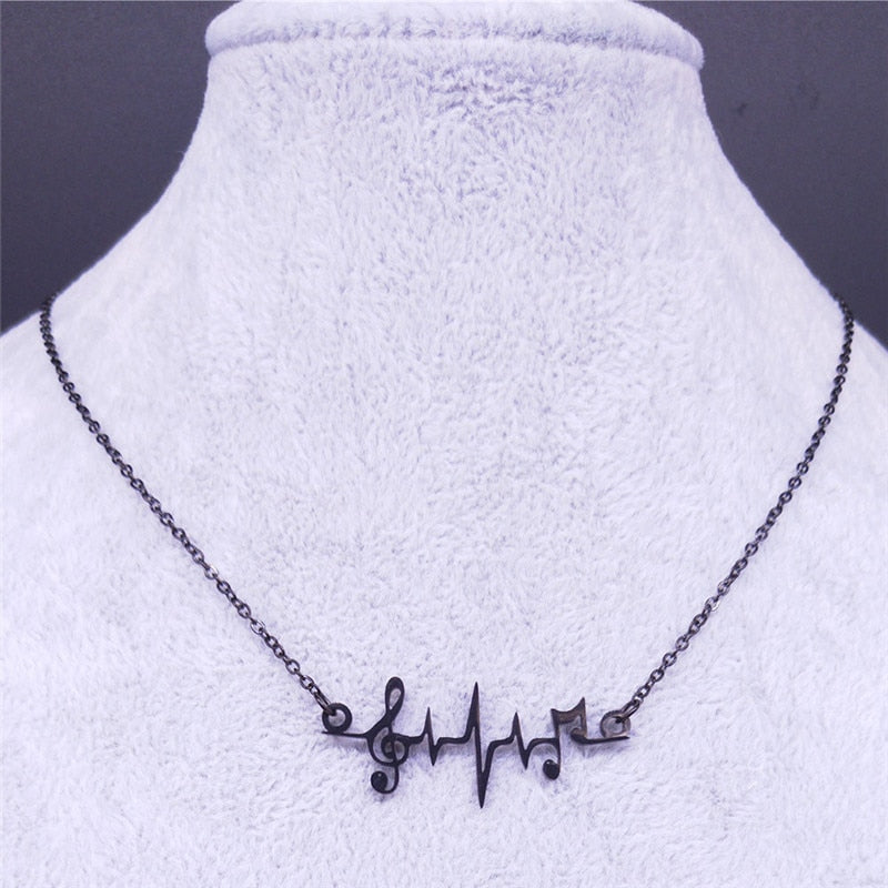 Musical Note Heartbeat - Black Necklace